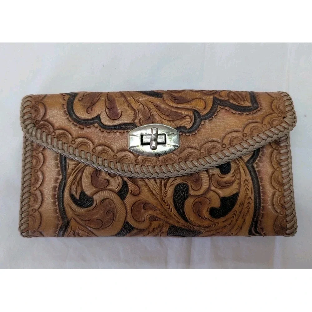 Brown Vintage Trifold Leather Wallet Billfold Tooled Whipstitch Metal‎ Clasp